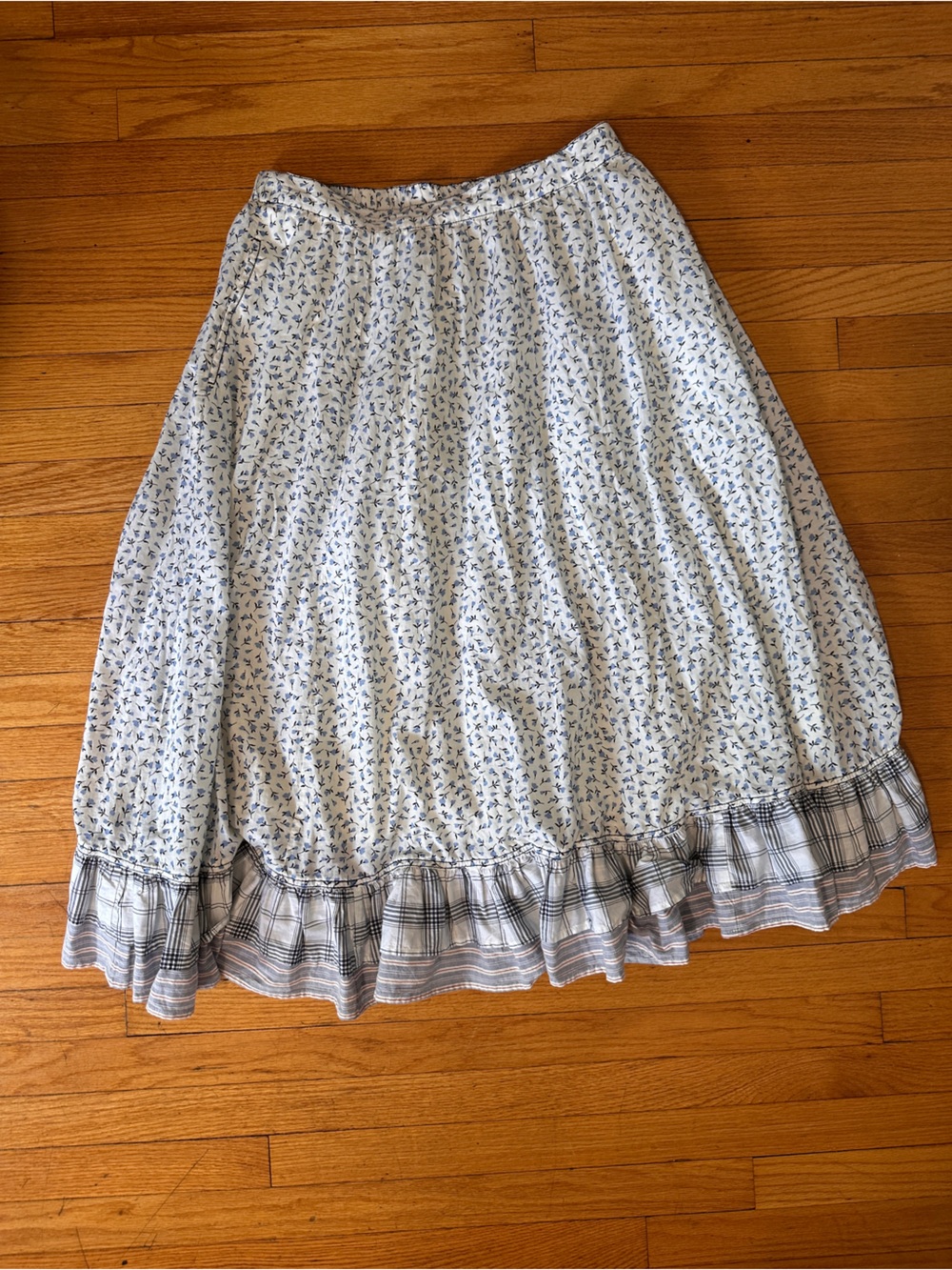Anthropologie Pilcro White and Blue Floral A-Line Skirt with Plaid Ruffle